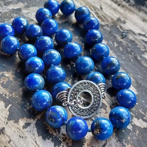 Vtg Blue Lapis Lazuli Beaded Knotted W Silver Tone Clasp Necklace Chunky Heavy - Picture 1 of 12