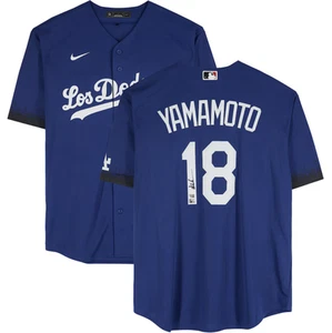 Maglia Yoshinobu Yamamoto autografata Dodgers City Connect blu fanatici - Foto 1 di 4