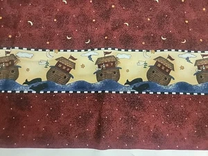 Fabric Remnant 1990s Debbie MUMMS the WORD Noah Ark Double Border Burgundy - Picture 1 of 3