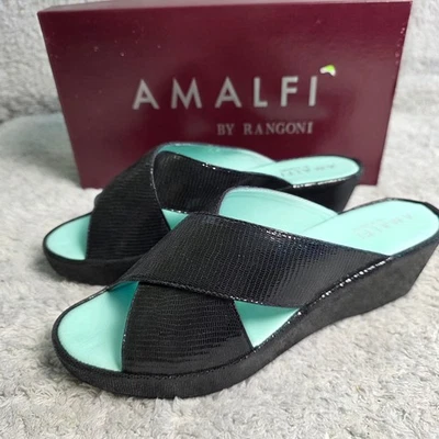 Amalfi by Rangoni Black Italian Leather Wedge Sandals Slides 7 Narrow NEW - Image 1 of 4