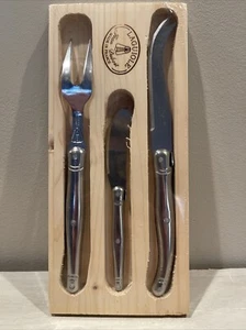 New LAGUIOLE Jean Dubost FRANCE Silver 3 Piece Cheese Knife Fork Set - Picture 1 of 6