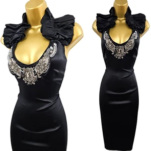 Karen Millen 12 UK Vintage Silk Pencil Dress Black Beaded Jewel Neck Cocktail - Picture 1 of 15