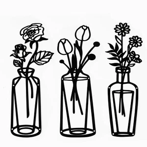 Black Metal Flowers Wall Decor 3 Pieces Metal Vase Wall Art 14.57x5.31 inch - Picture 1 of 8