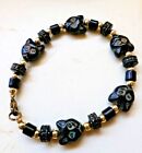 Artisan Made 7 1/2" Black & Gold Beaded CAT FACES Bracelet -One-of-a-Kind-New