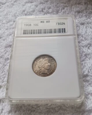 Moeda de dez centavos de barbeiro 1908 10C ANACS MS-60 PQ tonificação acentuada! - Imagem 1 de 2