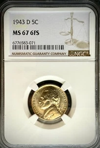 1943-D Jefferson Nickel 5c NGC MS67 6FS Silver Alloy War Nickel Gem - Picture 1 of 5