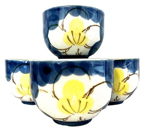 Vintage japanisches Matcha Teeservice mit 4 Tassen handbemalt blau weiß gelb Blumen signiert - Bild 1 von 7
