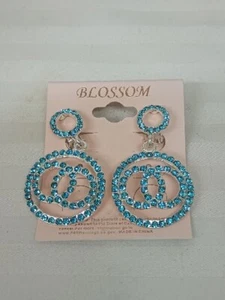 New Silver Plate Blue Rhinestone Crystal Dangle Drop Round Hoop Clip On Earrings - Picture 1 of 5