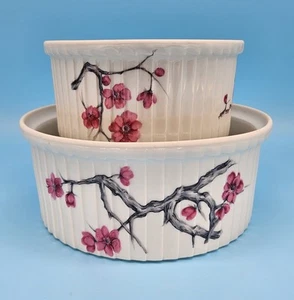 2 Aluminite Frugier Limoges Porcelain Souffle Dishes Ramekins Cherry Blossoms - Picture 1 of 12