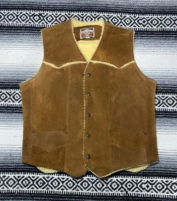 Chaleco Western de Cuero de Colección Pioneer Wear Para Hombre 44 Marrón Años 80 Forrado Sherpa a Presión LEER Foto 1 de 4