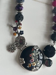 Vintage Franck Herval Multicolor Laune Perlen Blume Charm Silber Ton Halskette - Bild 1 von 17