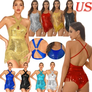 Womens Dance Dress Sparkling Sequins Fringed Bodysuit Dance Gymnastics Costume - Picture 1 of 95