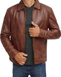 Chaqueta de cuero suave de piel de cordero pura marrón para hombre hecha a mano elegante informal motociclista - Imagen 1 de 7