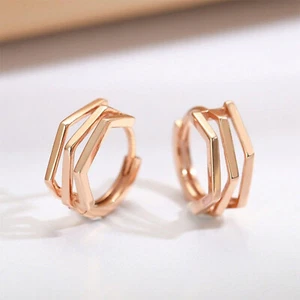 Pure 18K Rose Gold Hoop Women Lucky Hollow Geometry Circle Earrings 2.58g - Picture 1 of 6