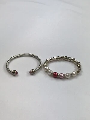 Cable Cuff Bracelet Pink Crystal Tips & Rhinestone, Faux Pearl Bracelet Lot EUC - Image 1 of 4