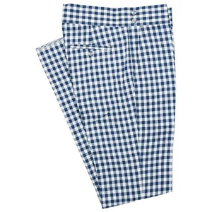 Mens Gurkha Pants Blue White Check Plaid Slim Straight Flat Front Trousers 32 - Picture 1 of 7