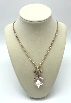 Betsey Johnson Pink Heart White Rose Faux Cameo Rhinestone Bow Necklace NWT - Image 1 of 4