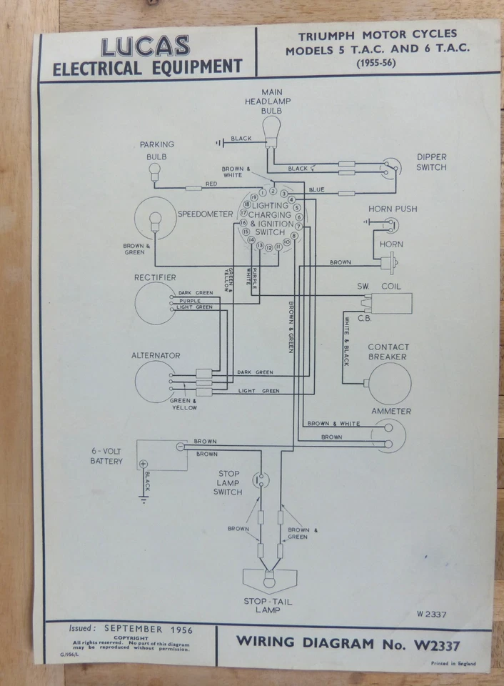 Original LUCAS Triumph 5 T.A.C. & 6 T.A.C. Wiring Diagram 1955-56 W2337 — 第 1/2 张图片