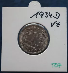 1 Reichsmark 1934 D - KM #78 - Alemania Tercer Reich moneda de níquel - #T07 - Imagen 1 de 5