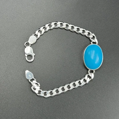 3CT Oval Cut Lab-Created Turquoise Men's Tennis Bracelet 14K White Gold Finish - Image 1 of 4