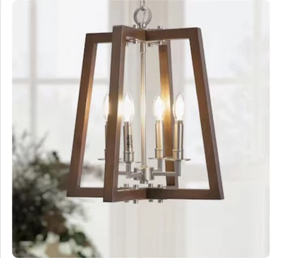 "Colgante colgante mediano linterna de granja de madera de níquel y teca satinada 16"" W 4 luces" Foto 1 de 4