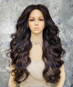 Long Sexy Barrel Curly Lace Front/Part Heat OK Human Hair Blend Wig Dark Brown - Picture 1 of 8