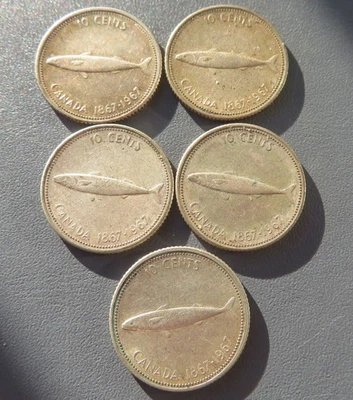 5 pcs 1867-1967 Canada Silver 10 Cents 80 % with FREE Shipping - Image 1 of 4