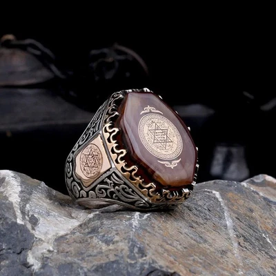 Anillo de plata de ley 925 con piedra ámbar para hombre con el sello de Salomón tallado Foto 1 de 3