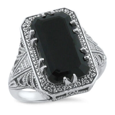 BLACK AGATE 925 STERLING SILVER DECO ANTIQUE STYLE FILIGREE RING SIZE 7     #765 - Image 1 of 4