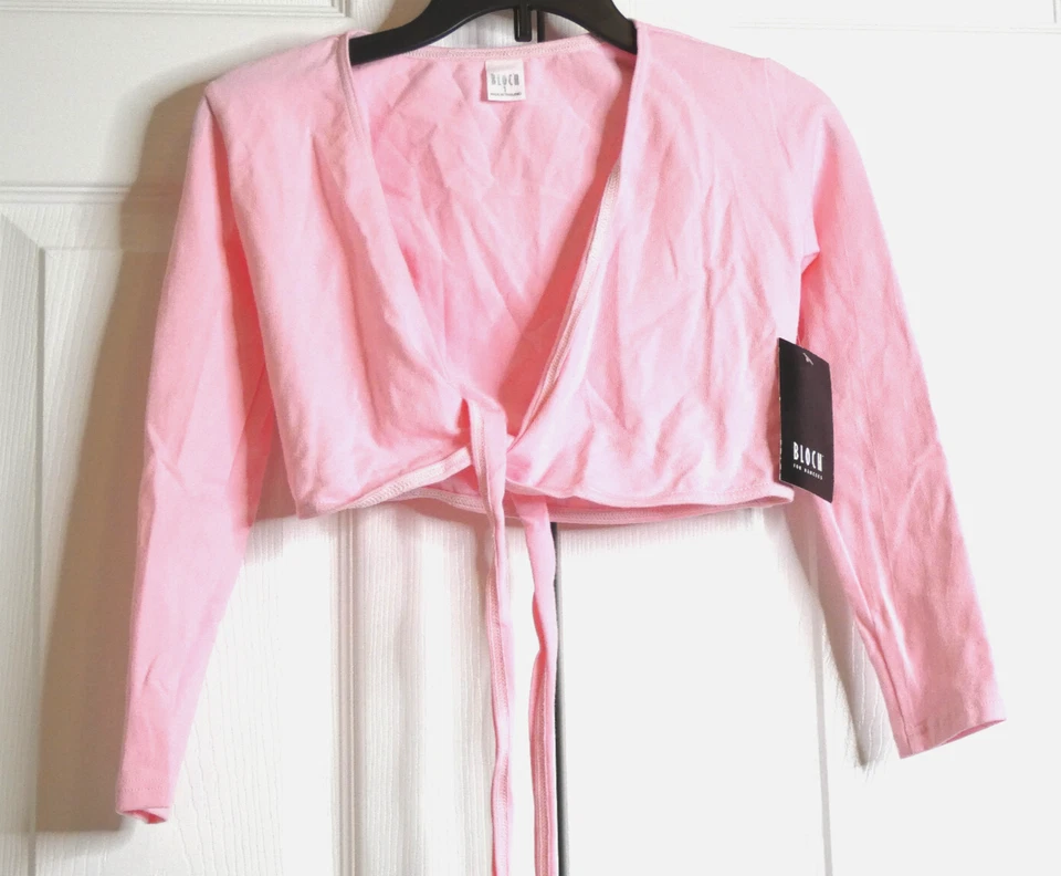 Top envolvente Bloch Dance niño talla 1 - 6x-7 rosa encubrimiento encogimiento de hombros manga larga nuevo con etiquetas Foto 1 de 4