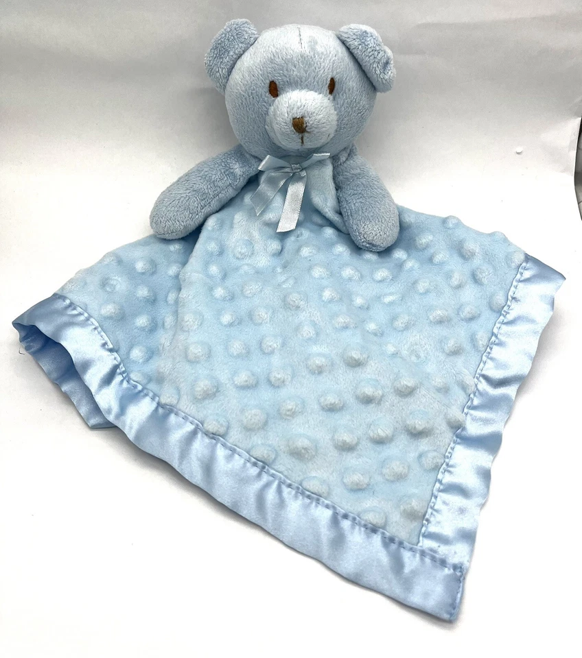 Manta de bebé de seguridad azul oso de peluche Minky Dot satinado Lovey Foto 1 de 4