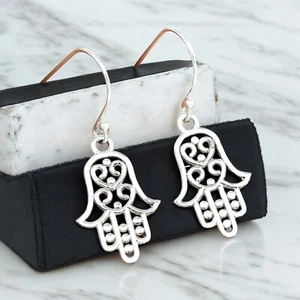Solid 925 Sterling Silver Hamsa Earrings Hand of Fatima Earrings Gift For Her - Picture 1 of 3