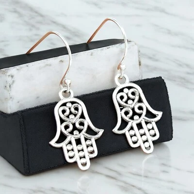 Solid 925 Sterling Silver Hamsa Earrings Hand of Fatima Earrings Gift For Her - Image 1 of 3