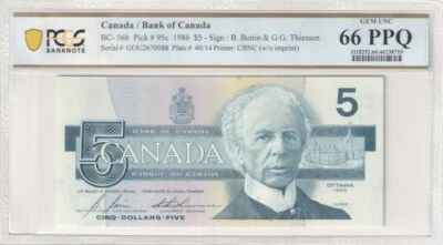 1986 $5 BANK OF CANADA Gem UNC 66 PPQ Portrait of Wilfrid Laurier - Image 1 of 2