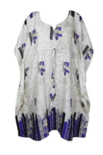 Boho White Mid Calf Kaftan Dress Kimono Sleeves Resort Beach Cover Up Dress 3XL