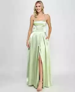 Speechless Satin Front-Slit Lace-Up Gown Juniors' 5 Pistachio Back Zip Closure - Picture 1 of 15