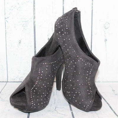 Botines Wild Rose Talla 5.5 Negros Bejeweled Punta Abierta Cremallera Trasera Tacones Altos Foto 1 de 4