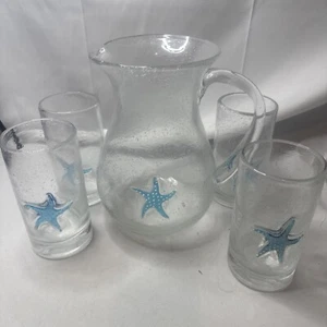 Lenox Starfish Bubble Glass Hand Blown Pitcher And Tumbler Set Heavy Thick Rare - Picture 1 of 24
