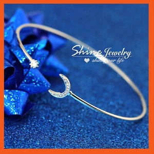 18K WHITE GOLD GF SILVER MOON STAR CRYSTAL WOMEN GIRLS CUFF BAND BANGLE BRACELET - Picture 1 of 7