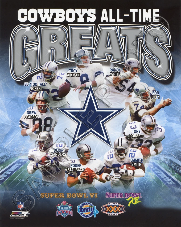 FOTO 8X10 DALLAS COWBOYS 5 VECES CAMPEONES DEL SUPER BOWL GRANDES DE TODOS LOS TIEMPOS Foto 1 de 1