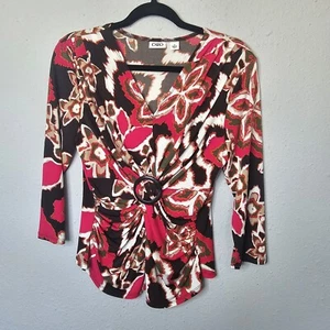Vtg Cato Top Womens Medium Career Office Floral Fitted Ruched Stretch V Neck - Picture 1 of 8