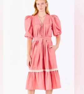 Hunter Bell XS Dress Bowen Puff Sleeve Cottagecore Quilted Prairie Modest Coral - Picture 1 of 6