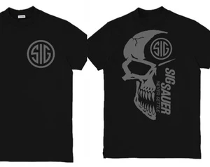SIG Sauer Never Settle Skull Unisex Graphic T-Shirt Top Gray On Black Shirt - Picture 1 of 3