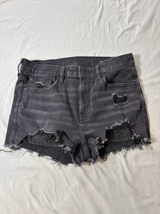 American Eagle Women’s Black Denim Shorts Sz 8 Super Stretch Cut-Off Distressed - Picture 1 of 6