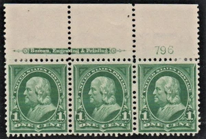 US Sc #279; F/VF-OG-MH IMPRINT & PLATE # (796) STRIP OF 3 with gum disturbance - Picture 1 of 2