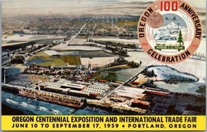 Tarjeta postal Oregon Centennial Expo 1959 recinto ferial/vista del artista - 1959 Cancelar - Imagen 1 de 2