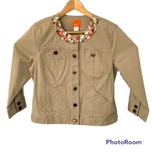 Hearts of Palm Denim Jacket Womens Size 10 Khaki Stone Embellished Neckline - Picture 1 of 4