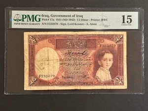 Iraq Half (1/2) Dinar Banknote - P17a (1931) - King Faisal- Kennet/Amin - PMG 15 - Picture 1 of 3