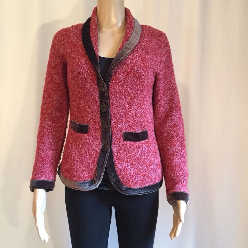 Anthropologie HWR Sweater Blazer Large Red Pink Wool Boucle Brown Velvet Trim - Image 1 of 4