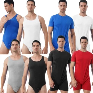 Men Bodysuit Gym Fitness Workout Jumpsuit Press Button Crotch Sleeveless Leotard - Picture 1 of 48